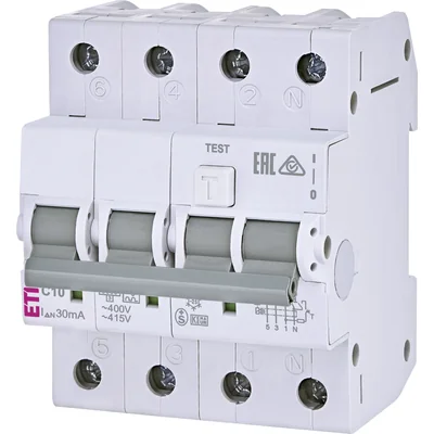 Interruptor diferencial KZS-4M 3p+N A C10/0.03 con protección contra sobrecorriente