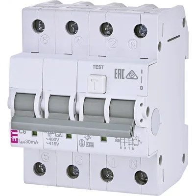 Interruptor diferencial KZS-4M 3p+N A C6/0.03 con protección contra sobrecorriente