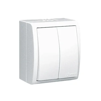 Interruptor doble para escaleras Simon Aquarius WMQL-36020x-1011, resistente a salpicaduras IP54, sin pictograma, 10AX, 250V~, terminales de tornillo; blanco