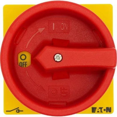 Interruptor principal P1-25/V/SVB, 3 polos, 25 A, función de parada de emergencia, bloqueable con candado en la posición de apagado, montaje remoto, manija roja/amarilla con función de bloqueo con candado.