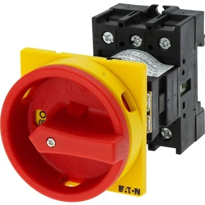 Interruptor principal P1-25/V/SVB, 3 polos, 25 A, función de parada de emergencia, bloqueable con candado en la posición de apagado, montaje remoto, manija roja/amarilla con función de bloqueo con candado.