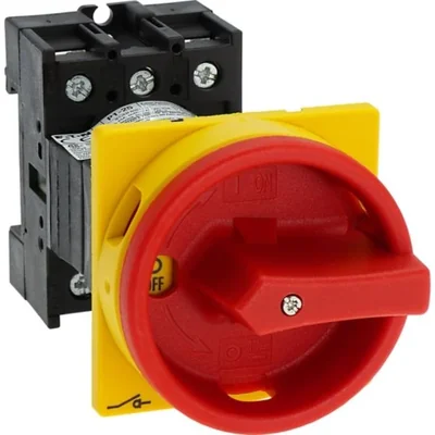 Interruptor principal P1-25/V/SVB, 3 polos, 25 A, función de parada de emergencia, bloqueable con candado en la posición de apagado, montaje remoto, manija roja/amarilla con función de bloqueo con candado.