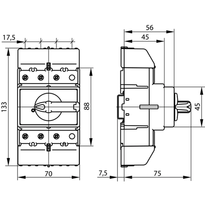 Interruptor-seccionador tripolar 80A+N (polo N no desconectable) con pomo en el interruptor-seccionador