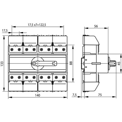 Interruptor-seccionador tripolar 80A+N (polo N no desconectable) con pomo en el interruptor-seccionador