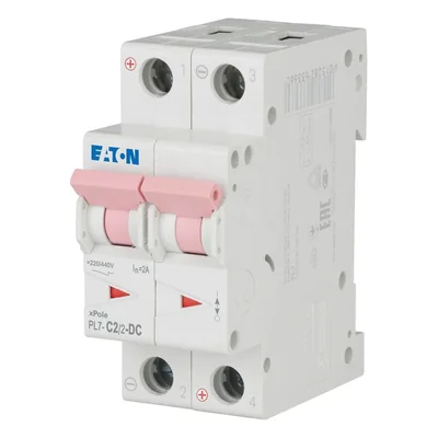 Interruttore automatico PL7-C2/2-DC 10 kA, In=2 A, tipo C, bipolare. Serie PL7-DC