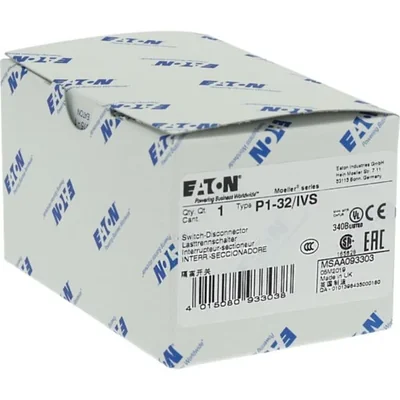 Interruttore on-off P1-32/IVS, 3 poli, 32 A, montaggio su guida TH, manopola nera, opzione non bloccabile