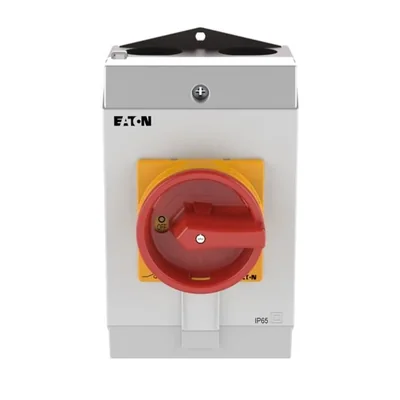 Interruttore on-off T3-1-8200/I2/SVB, Contatti: 2, 32A, targhetta: 0-1, 90°, a ritenuta, in custodia IP65, manopola rosso-gialla con lucchetto
