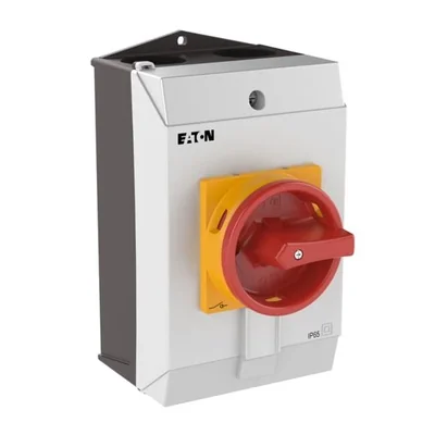 Interruttore on-off T3-1-8200/I2/SVB, Contatti: 2, 32A, targhetta: 0-1, 90°, a ritenuta, in custodia IP65, manopola rosso-gialla con lucchetto