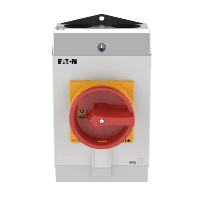 Interruttore on-off T3-1-8200/I2/SVB, Contatti: 2, 32A, targhetta: 0-1, 90°, a ritenuta, in custodia IP65, manopola rosso-gialla con lucchetto