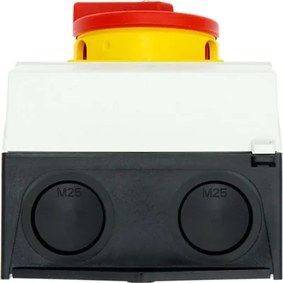 Interruttore on-off T3-4-8344/I2/SVB, 8 poli, 32 A, 90°, in custodia IP65, manopola rosso-gialla con lucchetto