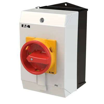Interruttore on-off T3-4-8344/I2/SVB, 8 poli, 32 A, 90°, in custodia IP65, manopola rosso-gialla con lucchetto