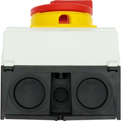 Interruttore on-off T3-4-8344/I2/SVB, 8 poli, 32 A, 90°, in custodia IP65, manopola rosso-gialla con lucchetto