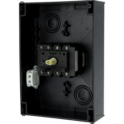 Interruttore principale P3-100/I5/SVB/N, 3 poli + N, 100 A, in custodia IP65, manopola rosso-gialla con lucchetto