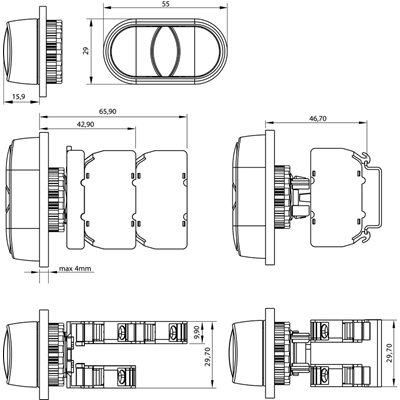 IP65 bipolar pushbutton 1 NC 1 NO contact