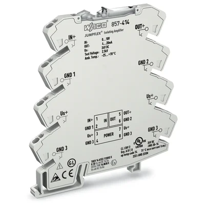 Isolating transducer with amplification, voltage input signal, current output signal, supply voltage 24 V DC, width 6 mm, 2.50 mm² 857-414