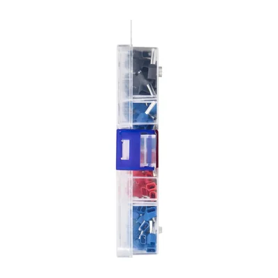 Juego de terminales y casquillos para cables, 350 piezas. Individuales: 80x0,75 mm², 10 mm; 70x1 mm², 10 mm; 60x1,5 mm², 10 mm; 50x2,5 mm², 10 mm. Dobles: 30x0,75 mm², 8 mm; 25x1 mm², 10 mm; 20x1,5 mm², 10 mm; 15x2,5 mm², 10 mm.
