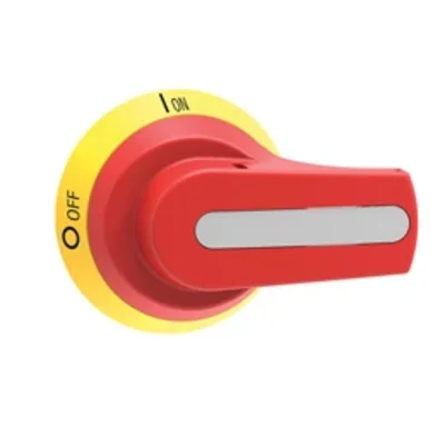 Knob for clutch version, for GMF...030...GMF J200. Screw mounting. 65mm/2.56” lever, unlockable (according to UL508A). Yellow/red. □6mm/0.24”