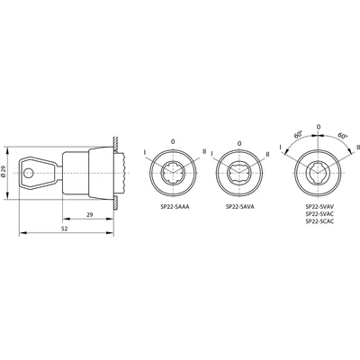 Knopfantrieb mit Dreistellungsschlüssel mit vernickeltem Ring mit Federrückstellung