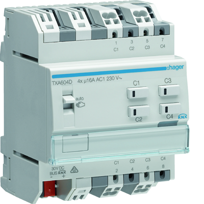 KNX e/s Sterownik załączający / żaluzjowy, obc. pojemnościowe 16 A, 4-/2-krotny