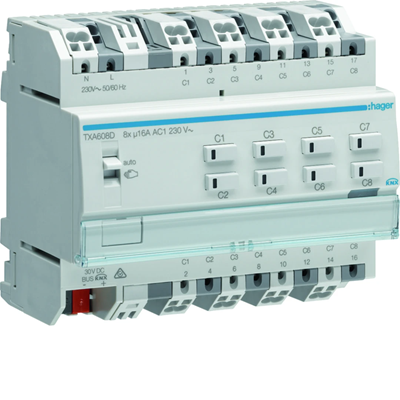 KNX e/s Sterownik załączający / żaluzjowy, obc. pojemnościowe 16 A, 8-/4-krotny