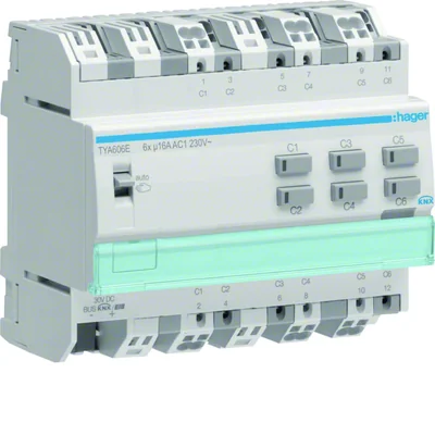 KNX Salida binaria 6 veces 16A carga capacitiva 4 módulos