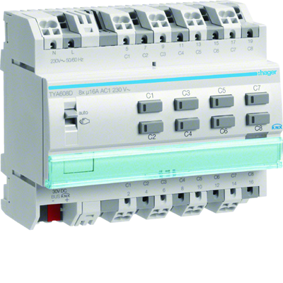 KNX Salida binaria 8 veces 16A Carga C 6 módulos