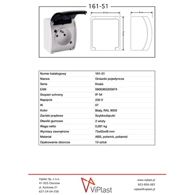 KOALA Base de enchufe individual con puesta a tierra 2P+Z, de superficie IP44, blanco con trampilla para humos
