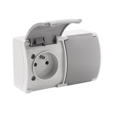 KOALA Doppelsteckdose mit Erdung 2x2P+E Aufputz IP44 grau mit Graphitklappe