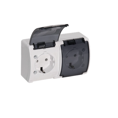 KOALA Double socket (2x2P+E) schuko n/t IP44 white with smoke flap