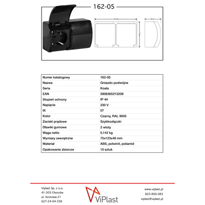 KOALA Double socket outlet with earthing 2x2P+E surface-mounted IP44 black with black flap