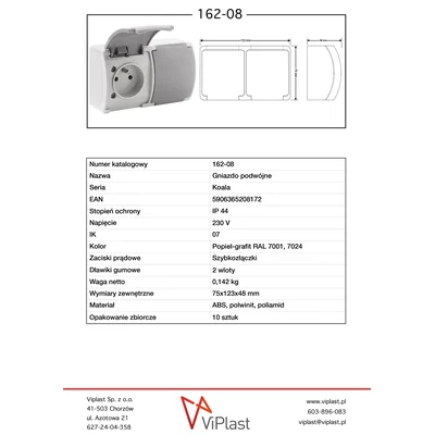 KOALA Double socket outlet with earthing 2x2P+E surface-mounted IP44 gray with graphite flap