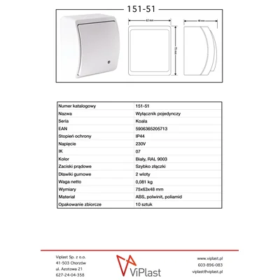 KOALA Interruttore unipolare, luminoso, IP44, bianco