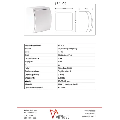 KOALA Single-pole splash-proof surface-mounted white switch