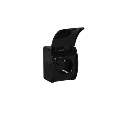 KOALA Single socket outlet with earthing 2P+E surface-mounted IP44 black with a black flap