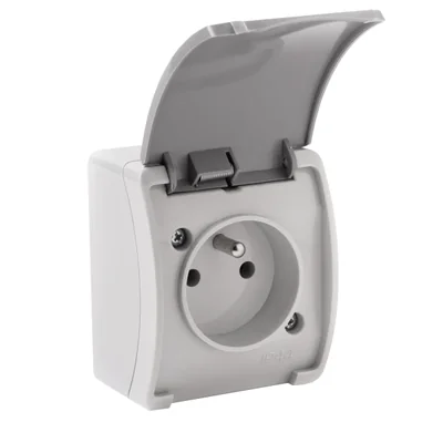 KOALA Splash-proof single surface-mounted socket with a gray flap