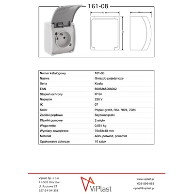 KOALA Splash-proof single surface-mounted socket with a gray flap