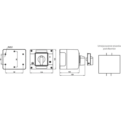 Łącznik Krzywkowy 32A, Rozłącznik 0-1 (3 - biegunowy), w obudowie OB14 z czołem zamykanym żółto/czerwonym