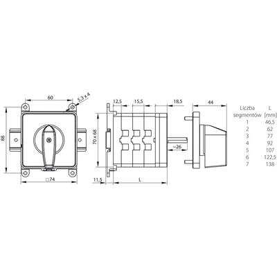 Łącznik krzywkowy 63A, rozłącznik 0-1 czterobiegunowy, mocowanie bazo-szynowe czoło zamykane żółto-czerwone
