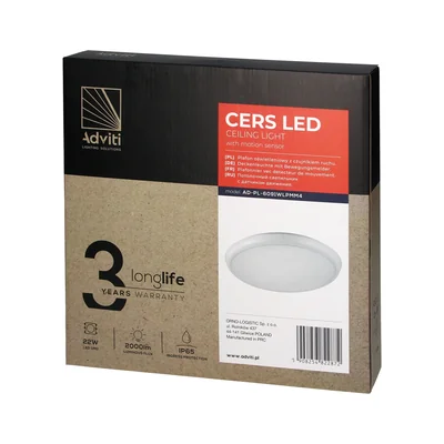 Lámpara de techo LED CERS de 22 W con sensor de movimiento por microondas, 2000 lm, IP65, 4000 K, policarbonato blanco lechoso, regulable.