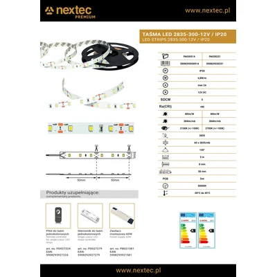 LED pásek NEXTEC EX / 12V / 2835 / 4,8W / 60 LED / IP20 / 2700K +/-100K / 80lm/W / RA>90 / 5m / 8mm
