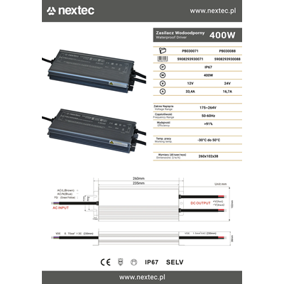 LED power supply waterproof slim 12V 33.3A 400W IP67
