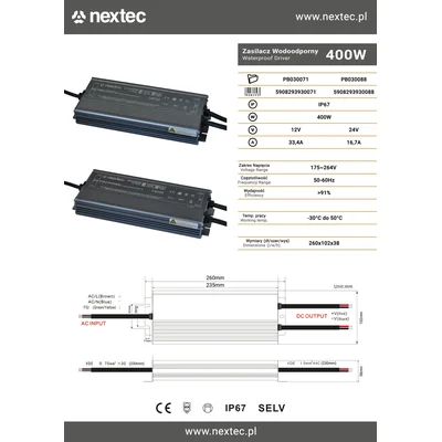 LED power supply waterproof slim 12V 33.3A 400W IP67