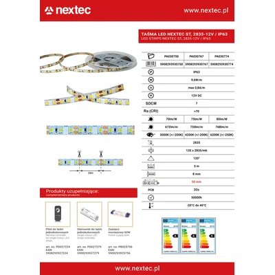 LED-Streifen NEXTEC ST 12V 2835 9,6W 120 LED IP63 3000K 672lm/m 70lm/W 5m