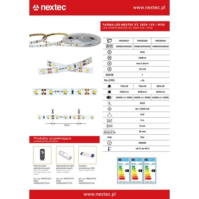LED strip NEXTEC ST 12V 2835 4.8W 60 LED IP20 6200K 384lm/m 80lm/W 5m