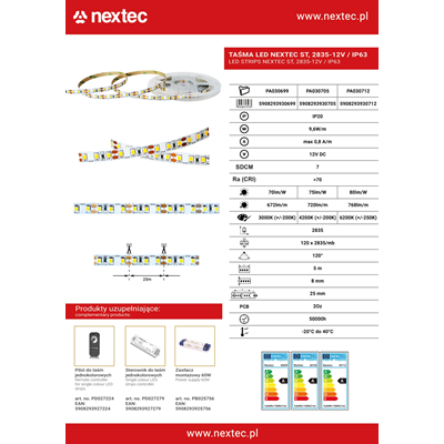 LED strip NEXTEC ST 12V 2835 9.6W 120 LED IP20 3000K 672lm/m 70lm/W 5m