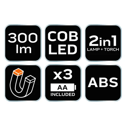 Ліхтар для майстерні на батарейках, 300 лм, COB, 2 в 1 + 3 батарейки типу АА