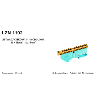 Listwa zaciskowa ochronna na szynę TH 11-modułowa 11 x 16mm² + 1 x 35mm² żółta
