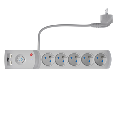 Listwa zasilająca z bezpiecznikiem i układem przeciwprzepięciowym professional 5 gniazd 2 porty USB długość 3m 10A 230V 2300W szary