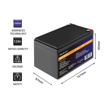 Lithium-železitý fosfátový akumulátor Qoltec LiFePO4 | 12,8 V | 12 Ah | 153,6 Wh | BMS