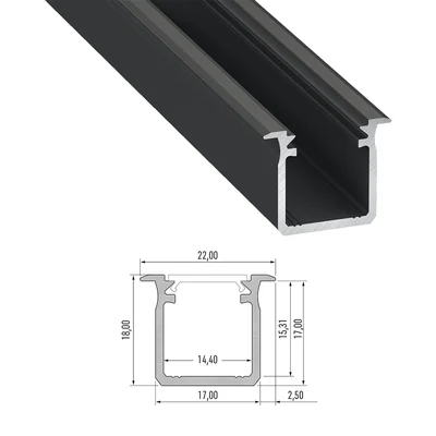 Luminaria LED empotrable con perfil en C (profundo), longitud 202 cm, aluminio, anodizado negro.